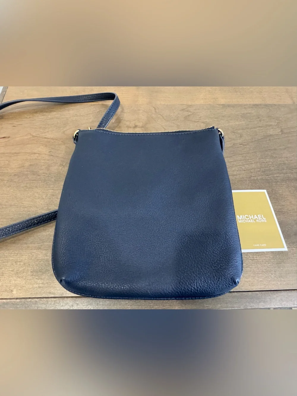 Michael Kors Navy Leather Crossbody with Gold Tone Zip